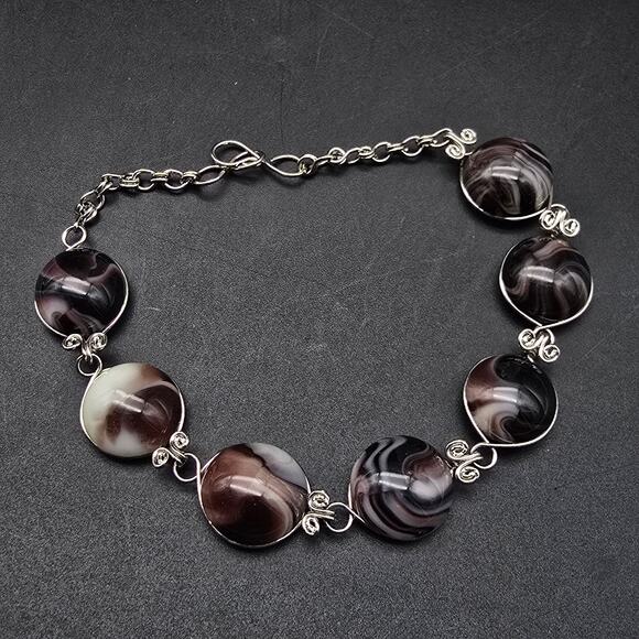 Unknown Jewelry - Purple Marbled Glass Bracelet Silver Tone Artisan